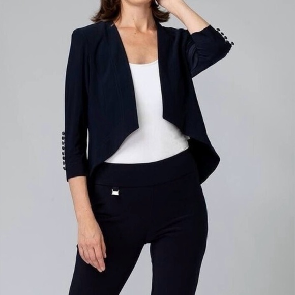 Joseph Ribkoff Black Open Front Short Blazer ¾ Button Sleeve Sz 4 Harpers Bazaar - Picture 2 of 8